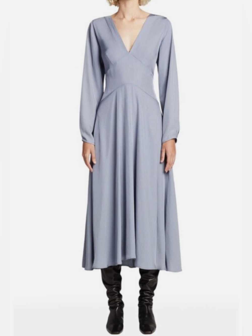VINCE Paneled Tie Back Maxi Midi Dress Blue Gray Long Sleeve Sz 14 NEW $395